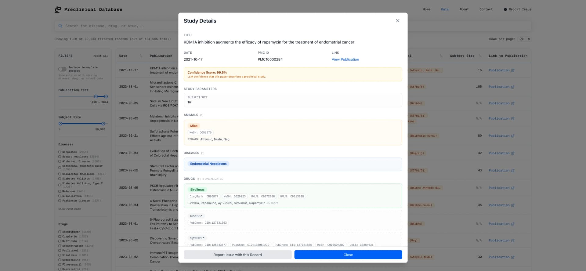 Preclinical Database screenshot 3